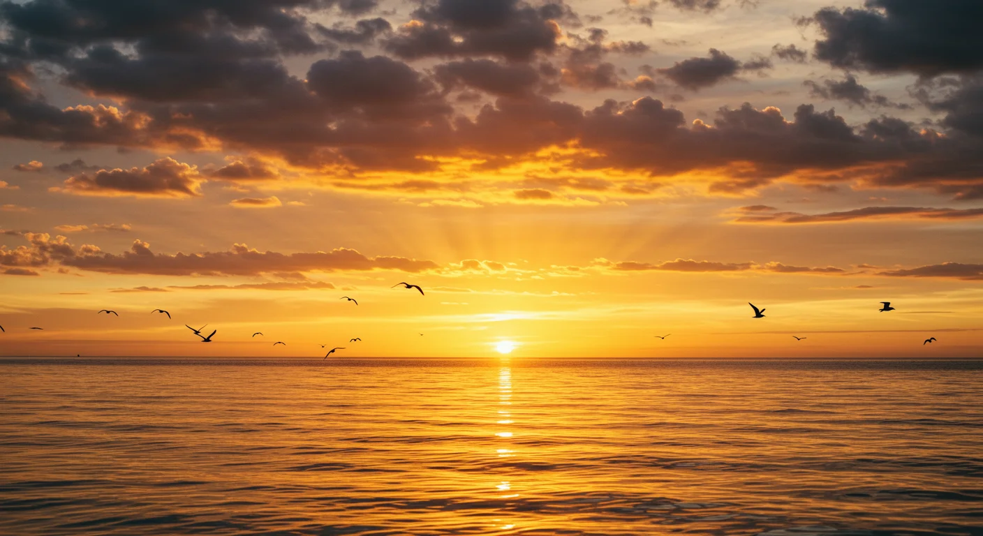 Golden Ocean Sunrise with Birds and Sunrays – Peaceful Sky Background