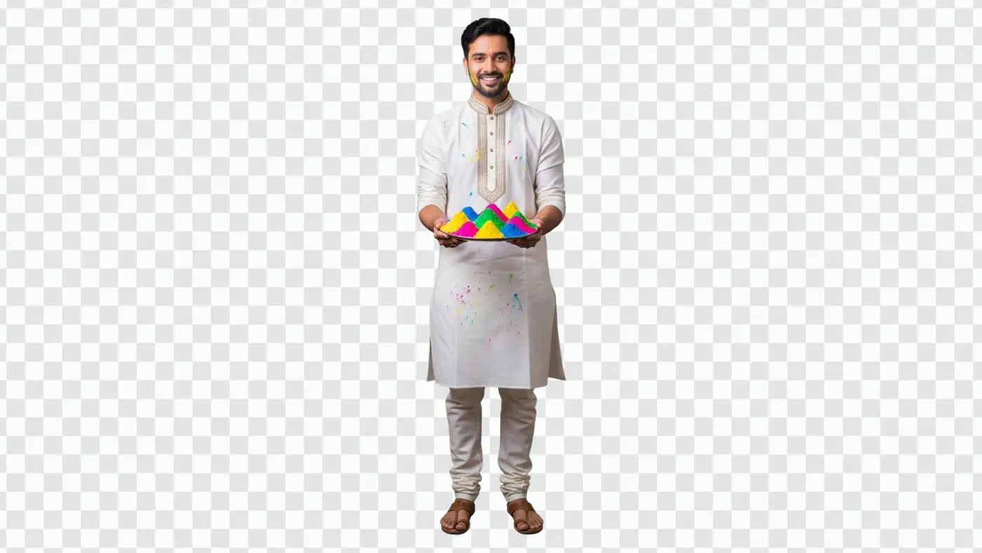 Young Indian Man with Holi Festival Gulal Plate PNG