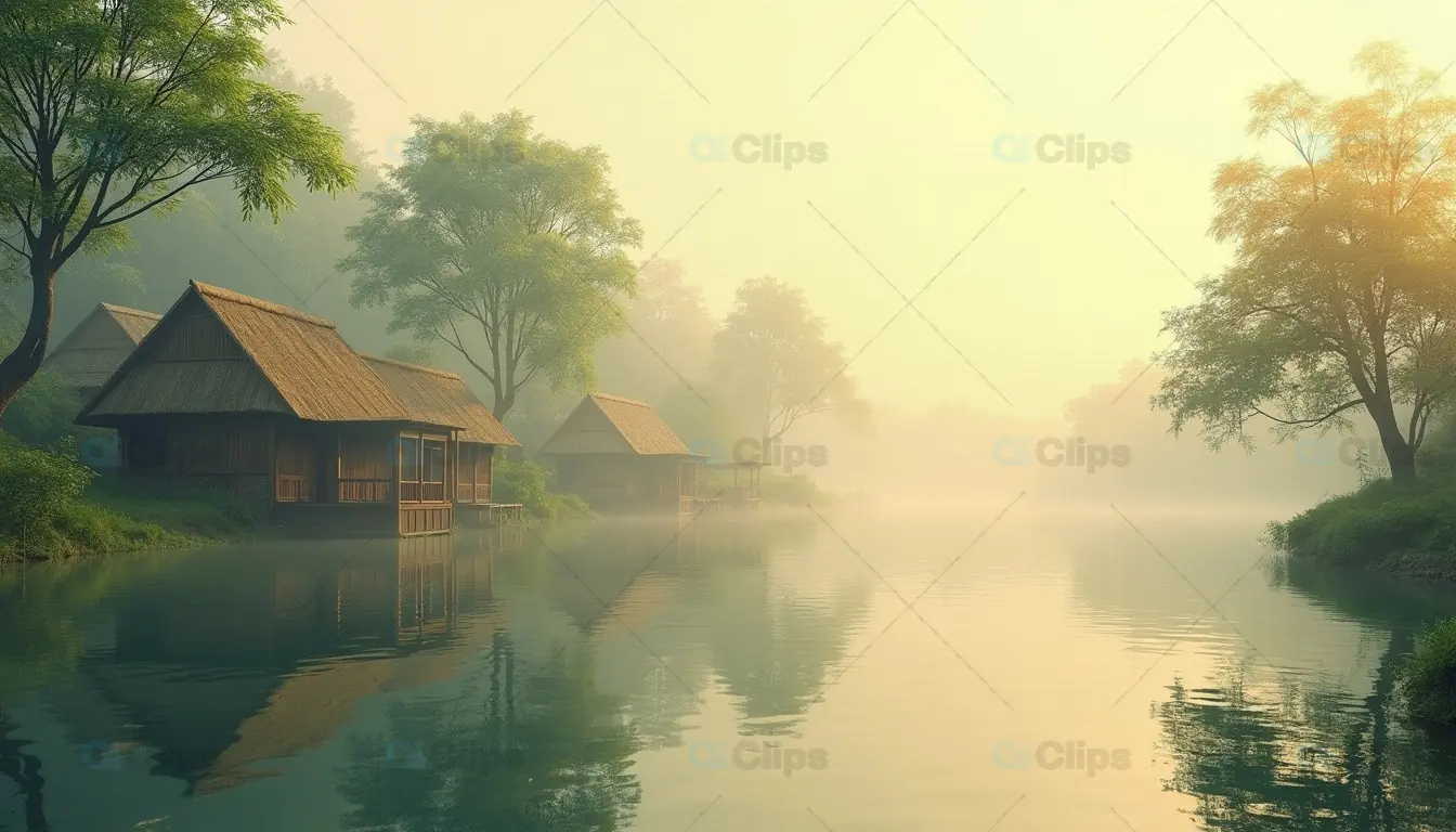 Misty Riverside Village at Sunrise