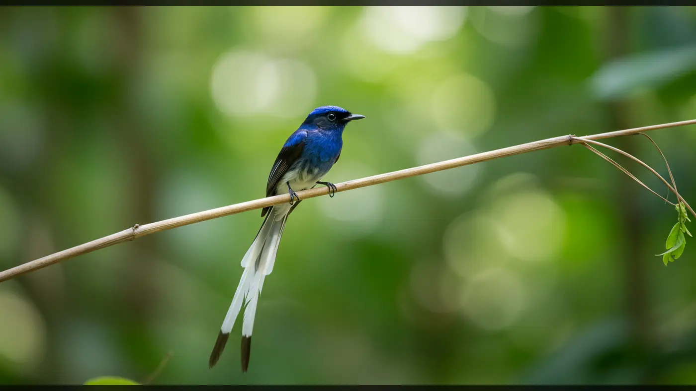 Indian Paradise Flycatcher Resting on a Slender Branch in Lush Greenery