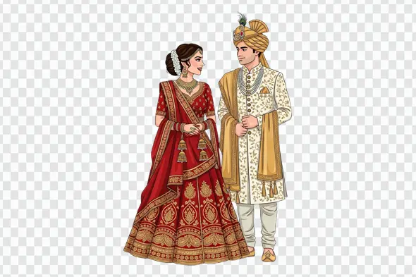 Traditional Indian Wedding Couple Ornate Attire PNG Clipart