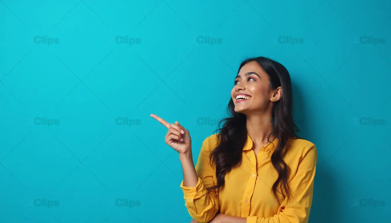 Smiling Young Woman Pointing to Side on Blue Background