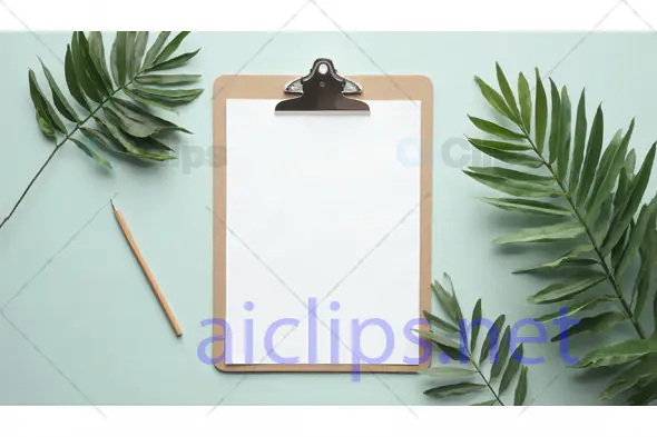 Clipboard with Blank Paper and Green Leaves