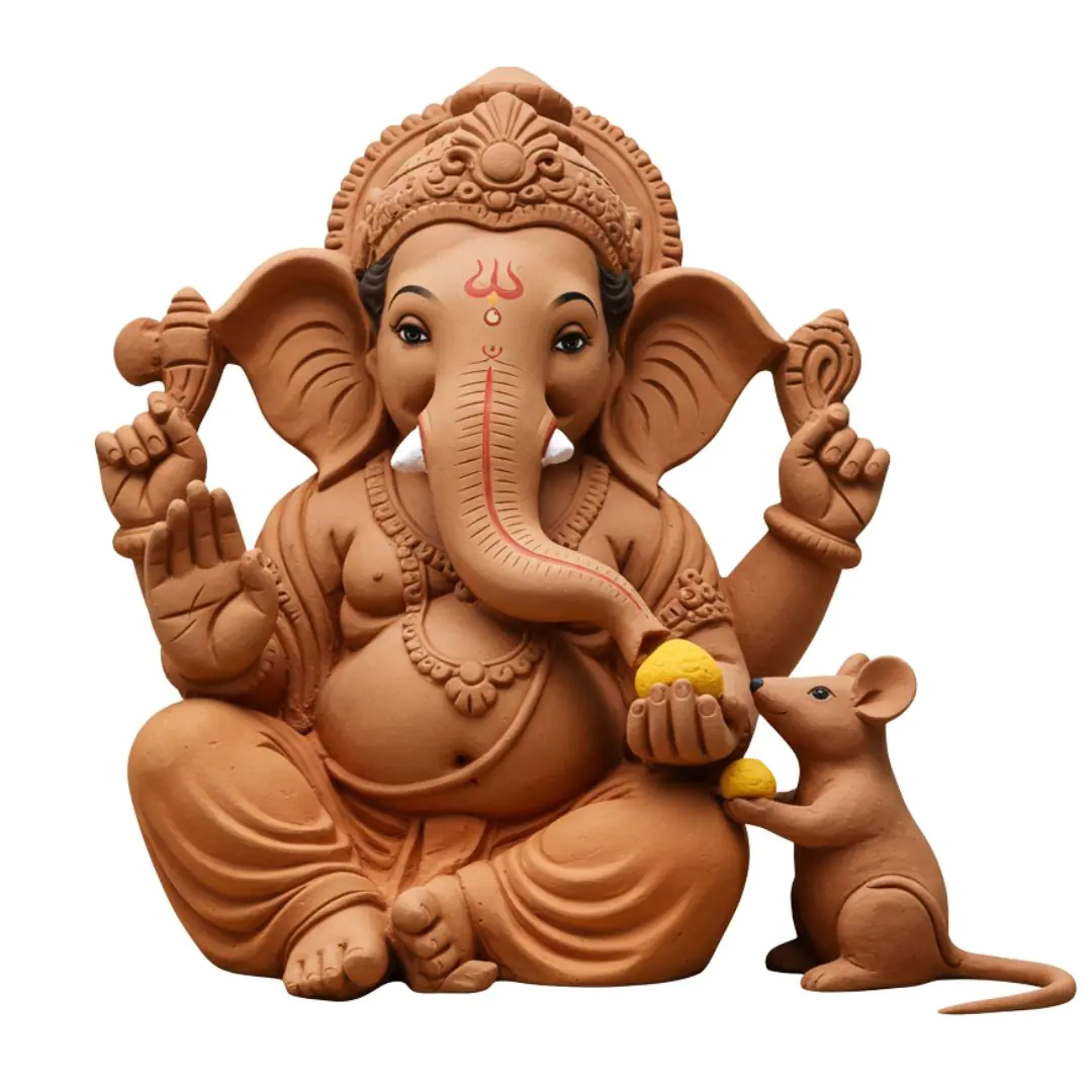 Clay Ganesha Statue with Devoted Mouse PNG
