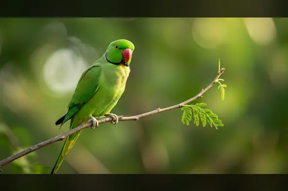 Indian Ringneck Parrot Perched on Branch in Natural Green Habitat