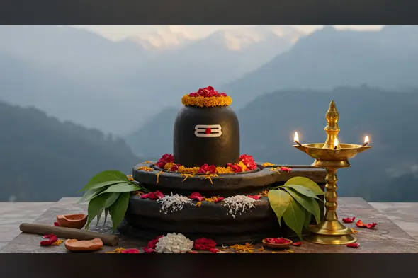 Sacred Shiva Lingam Worship with Himalaya Backdrop | AIClips Indian Spiritual Stock