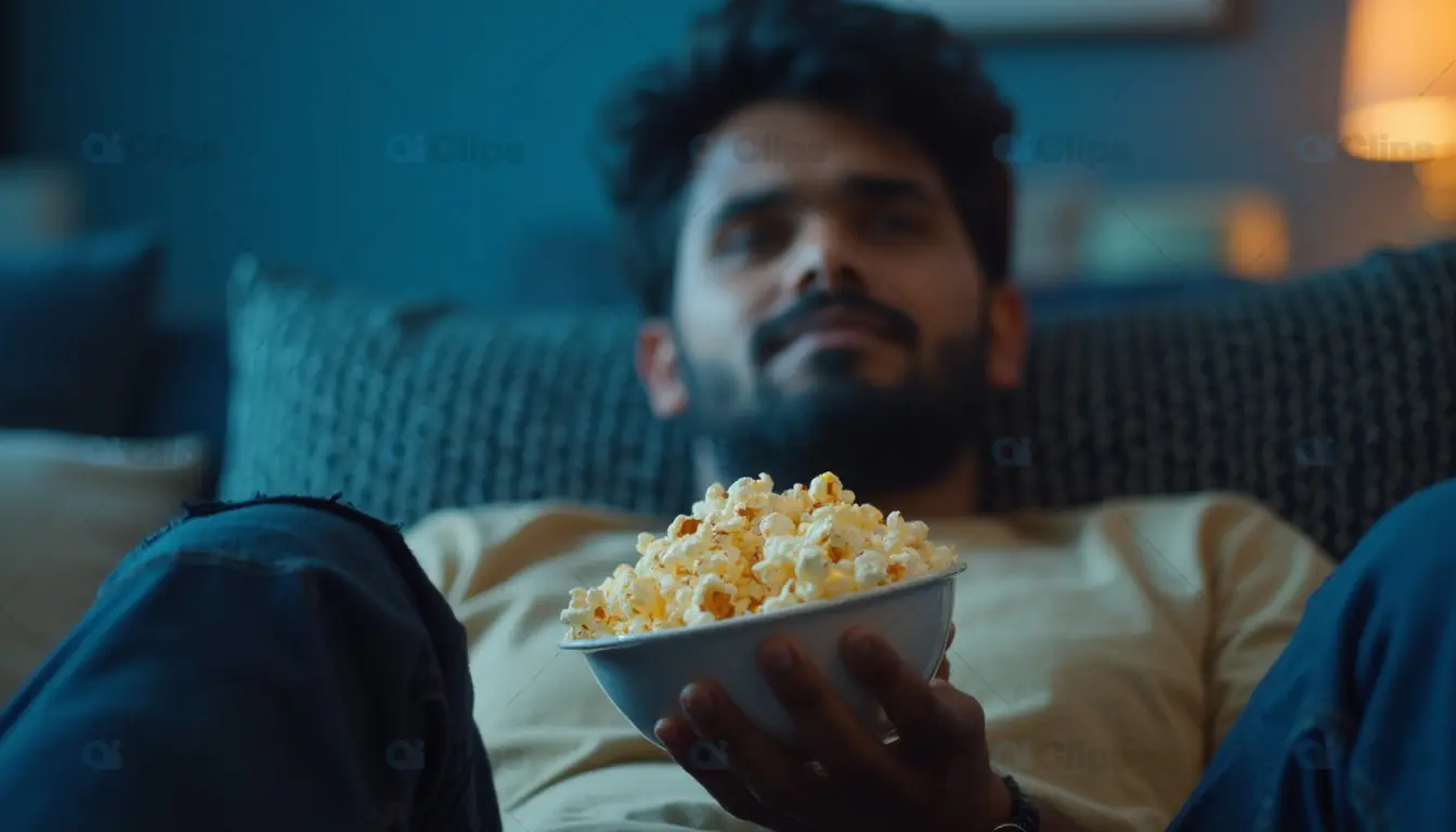 Man Relaxing with Popcorn at Home