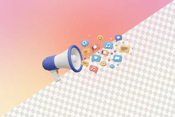 Megaphone broadcasting social media icons and emojis