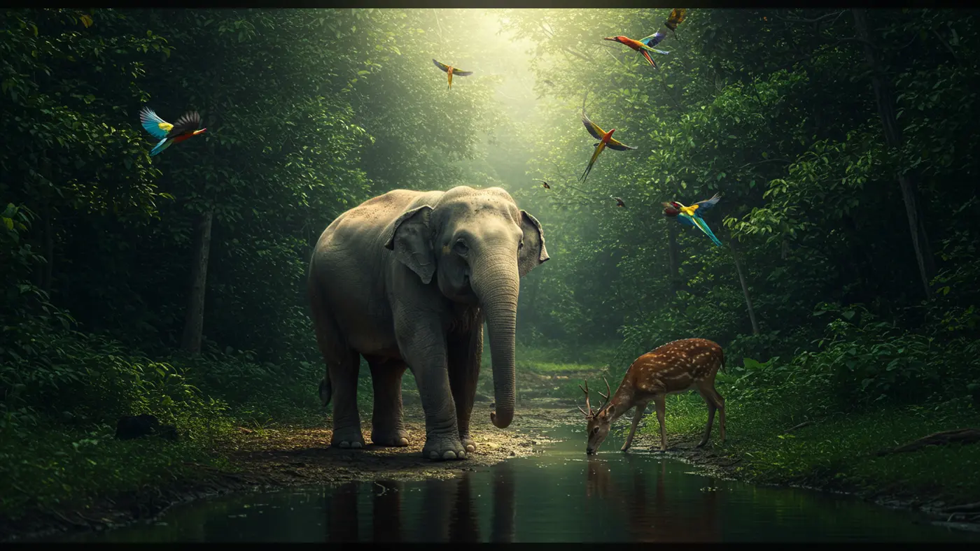 Peaceful Jungle Scene with Elephant, Deer, and Flying Parrots
