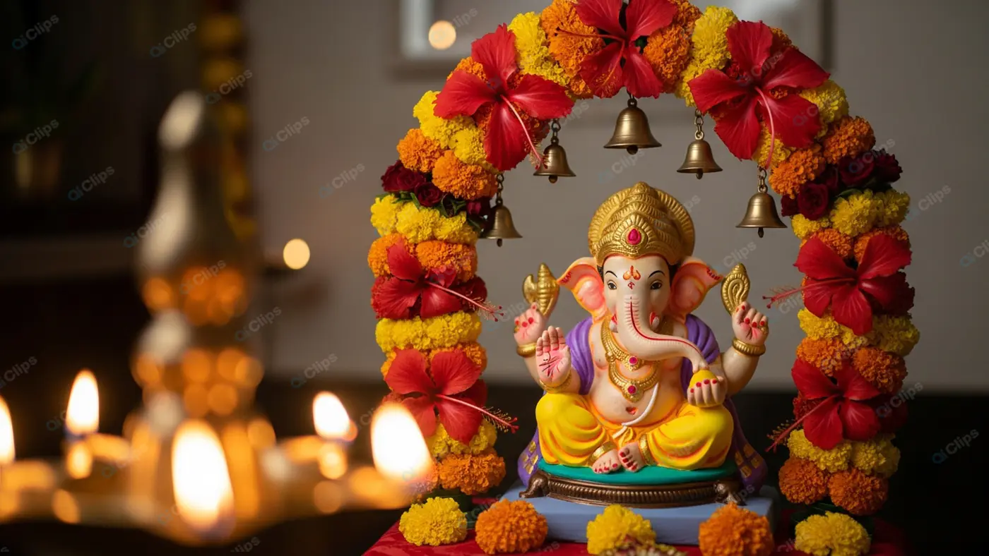 Ganesha Idol Under Floral Arch