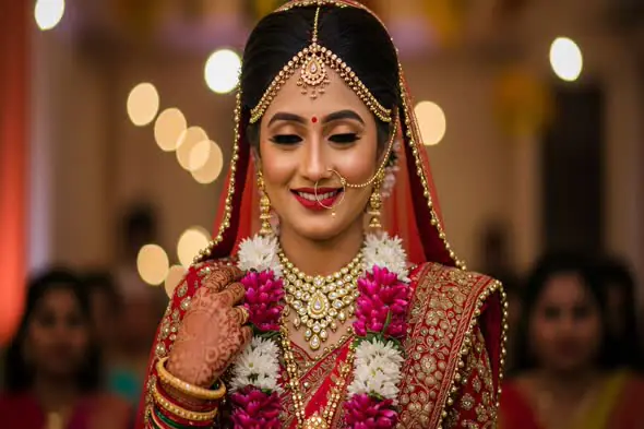 Indian Bride in Red Lehenga with Floral Garland and Bridal Jewelry During Wedding Ceremony