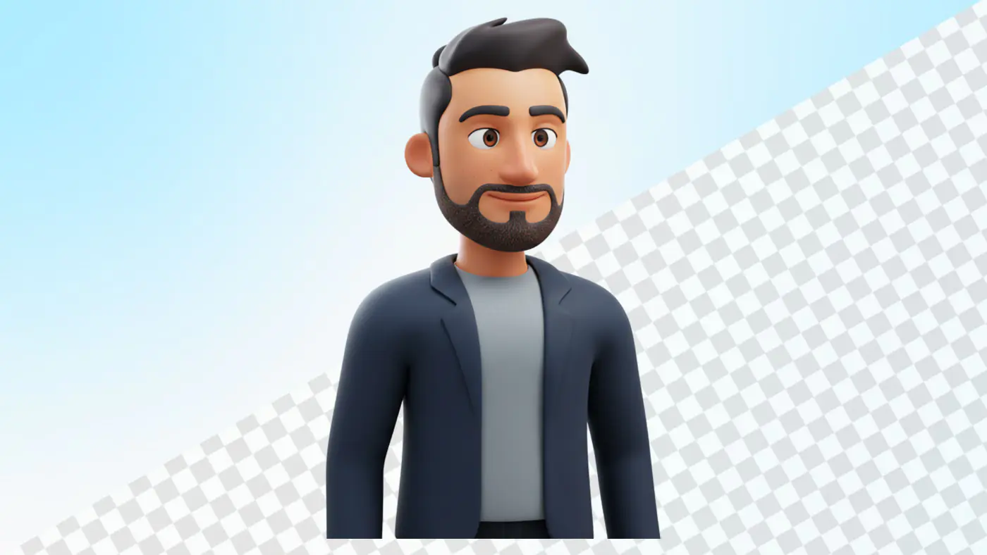 expert-level bearded man 3D avatar navy blazer gray