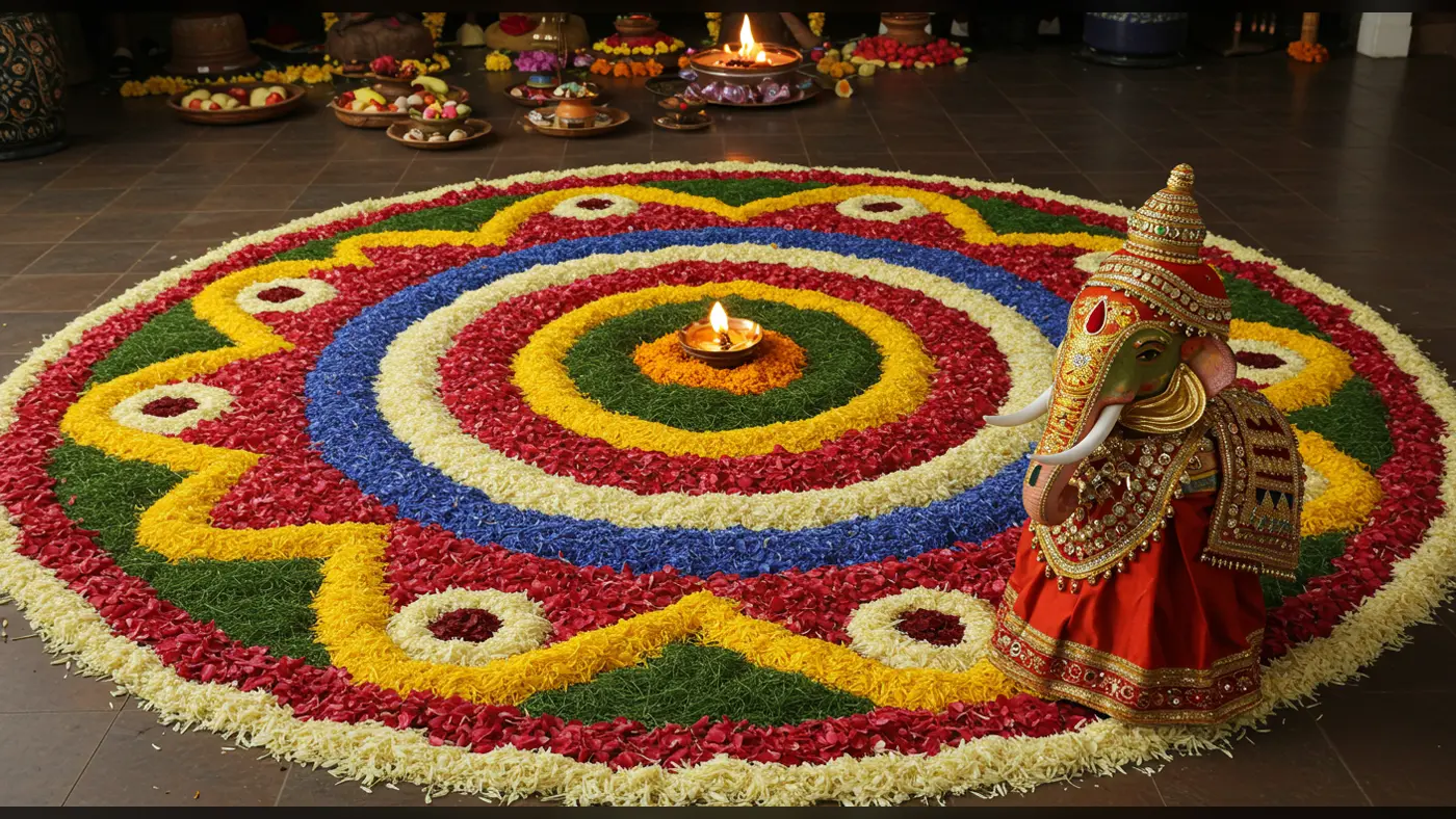Onam Pookalam with Diya & Decorated Ganpati Idol | AIClips Indian Festival Decoration Photo