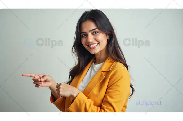 Young Woman Smiling and Pointing to the Side