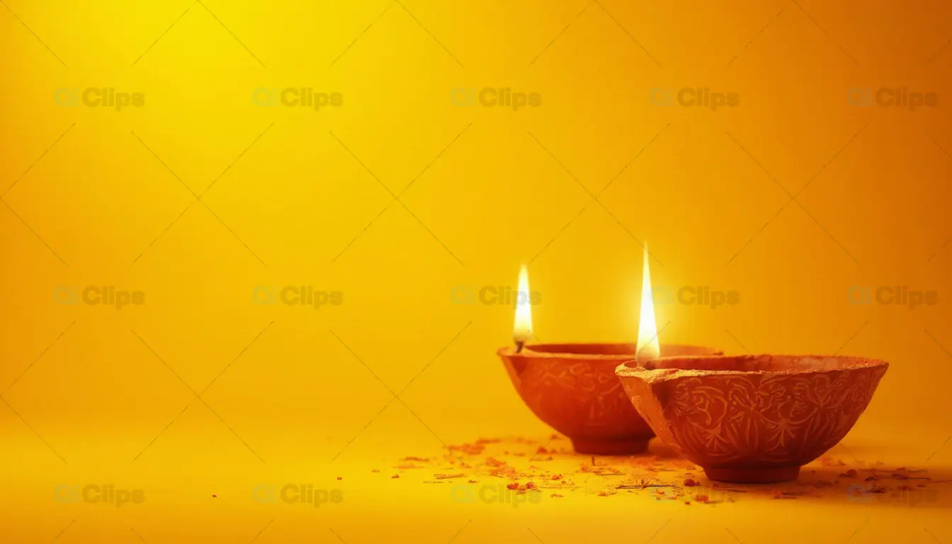 Lit Diyas on Yellow Background