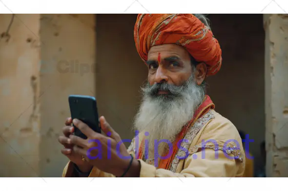 Elderly Man in Traditional Attire Using Smartphone