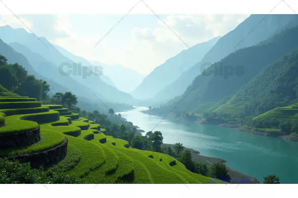 Tranquil River Valley with Terraced Rice Fields and Mountains