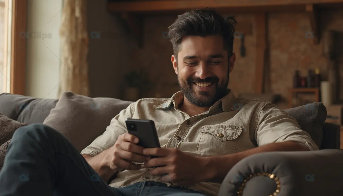 Relaxed Man Smiling with Smartphone