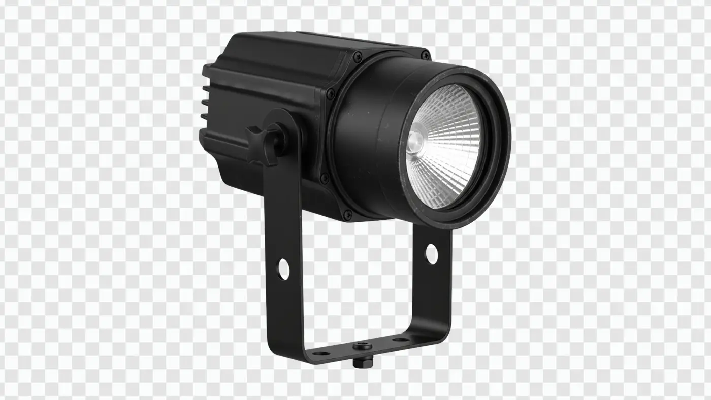 Professional Black Stage Spotlight with Mounting Bracket PNG