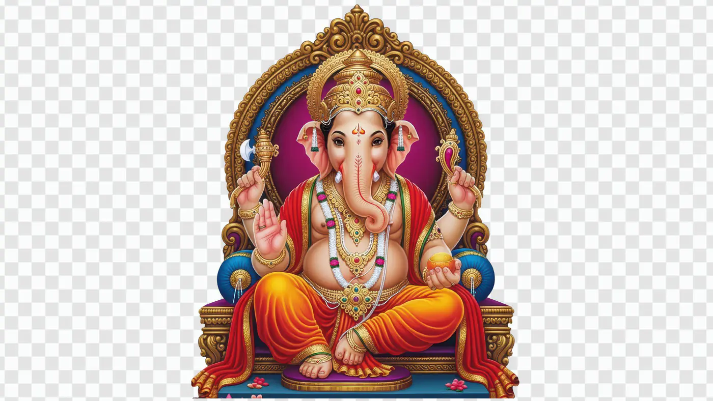 Majestic Ganesha Enthroned in Ornate Frame PNG