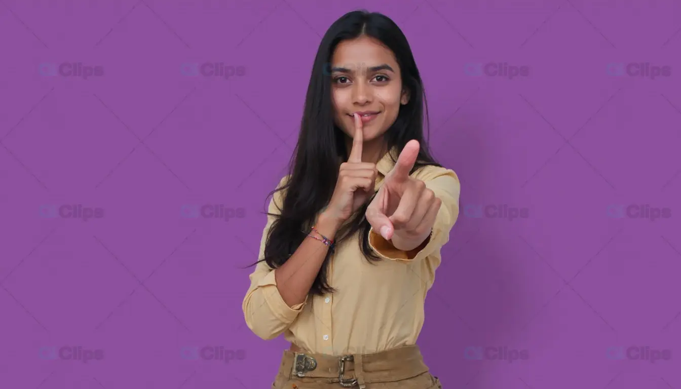Woman Gesturing Silence and Pointing