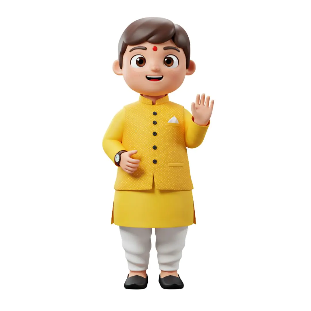 Friendly Indian boy 3D avatar yellow kurta waving