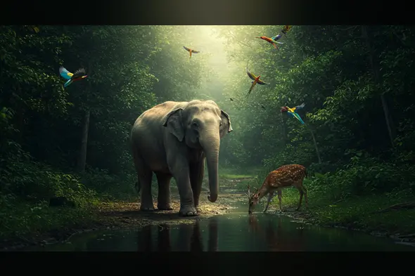 Peaceful Jungle Scene with Elephant, Deer, and Flying Parrots