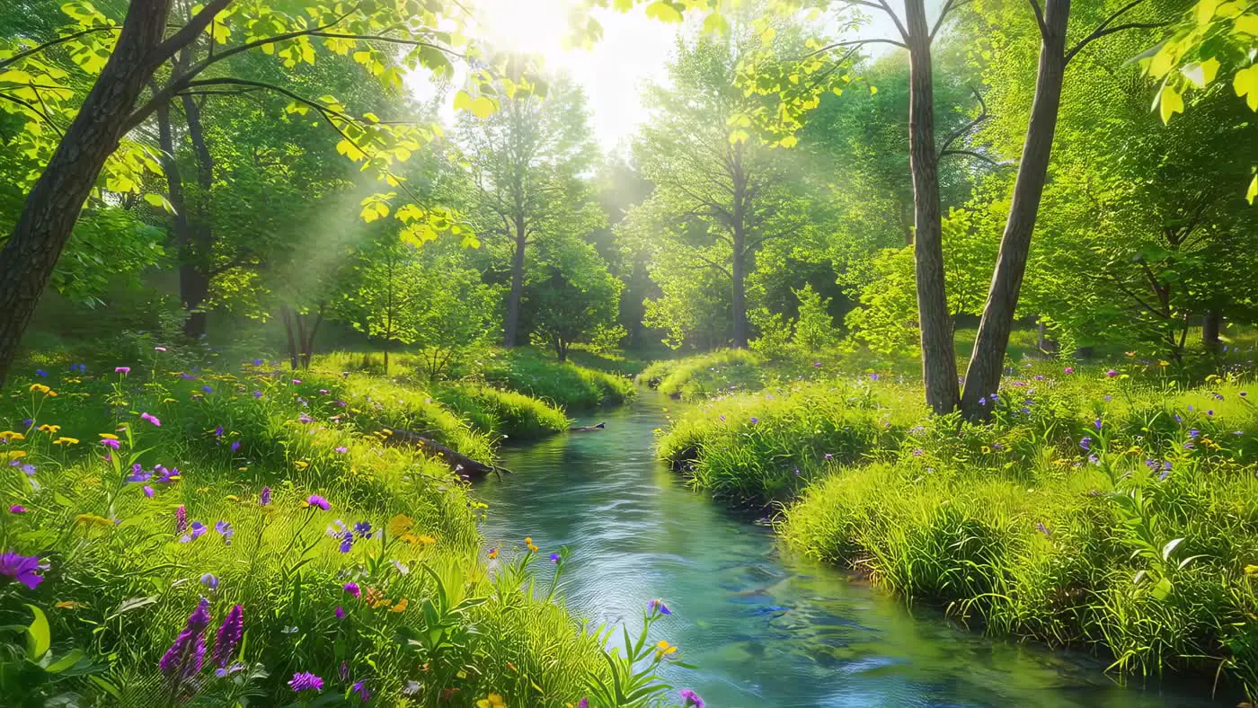 Serene Forest Stream Flowing Through Lush Green Landscape | AIClips