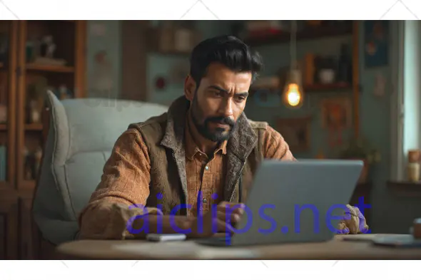 Man Focused on Laptop in Cozy Home Office