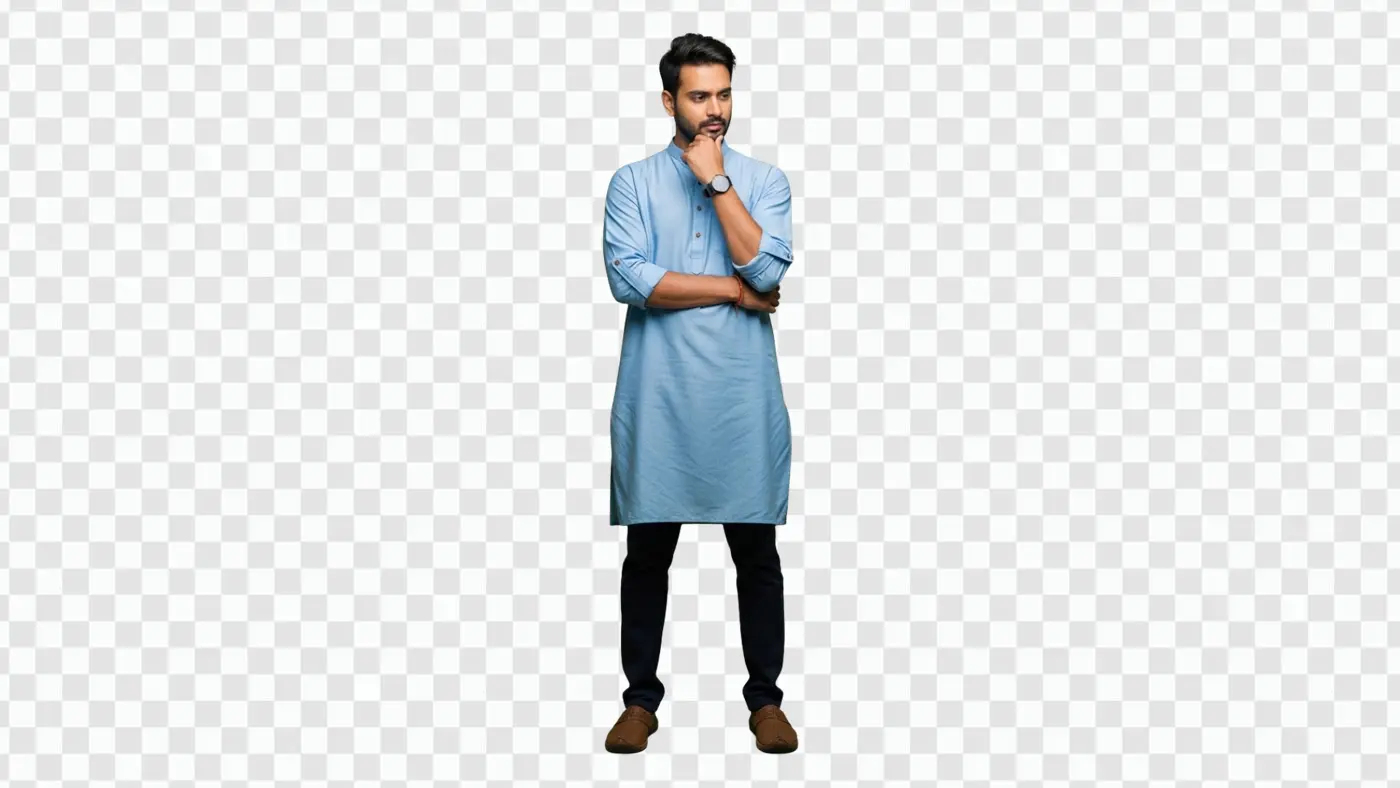 Pensive Indian Man in Light Blue Kurta Thinking PNG