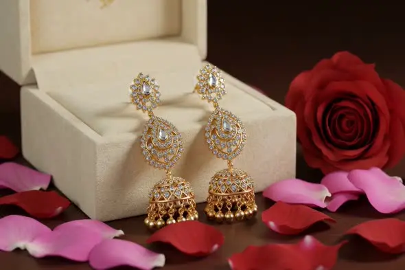 Bridal jhumka earrings on velvet box with rose petals