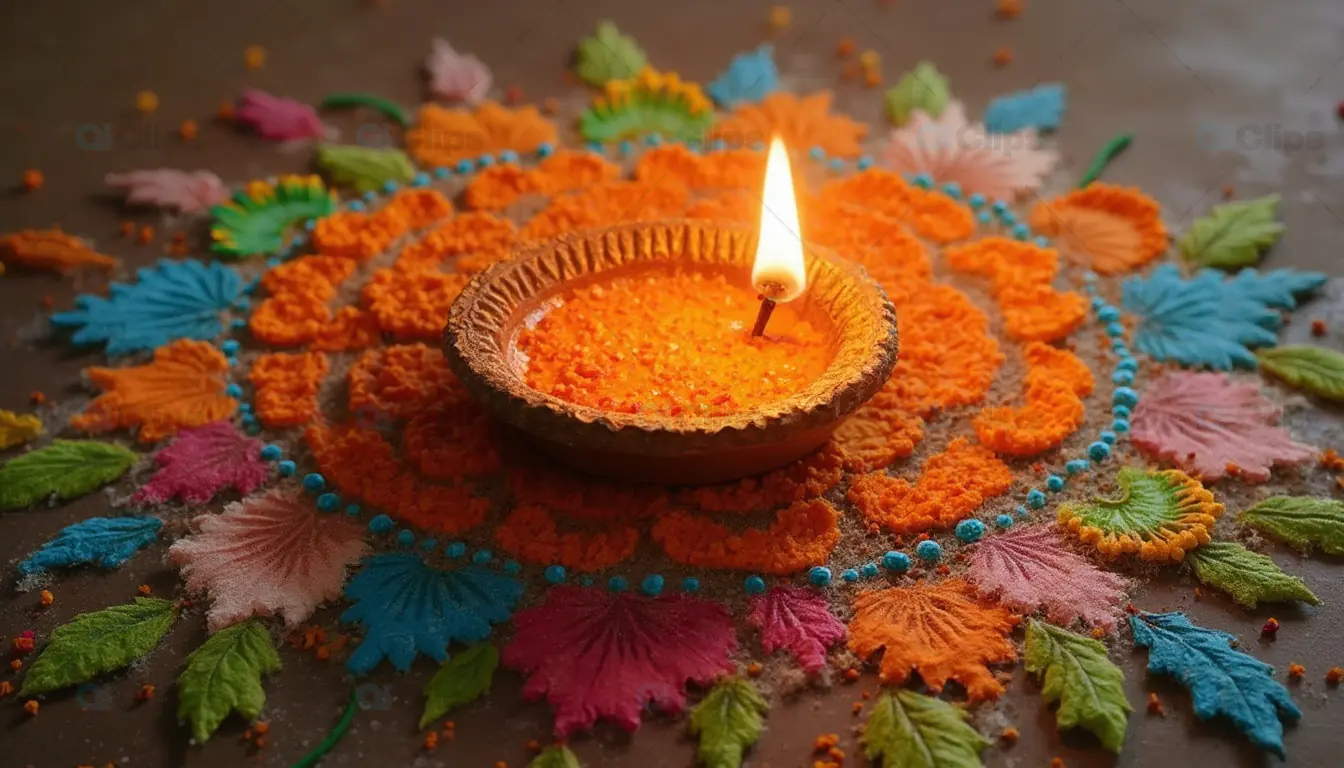 Diya with Colorful Rangoli for Diwali