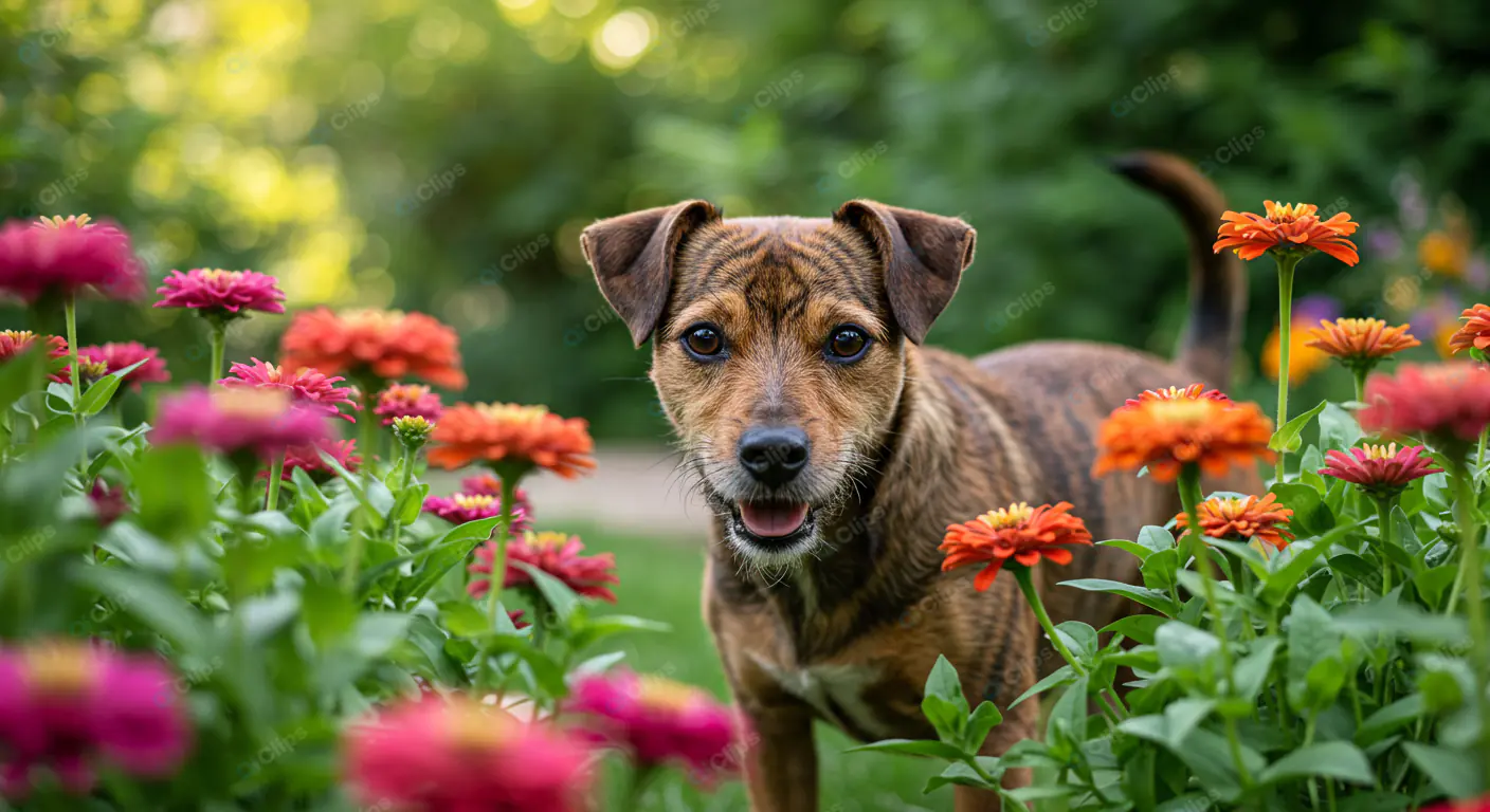 Playful Pup in Vibrant Flower Garden