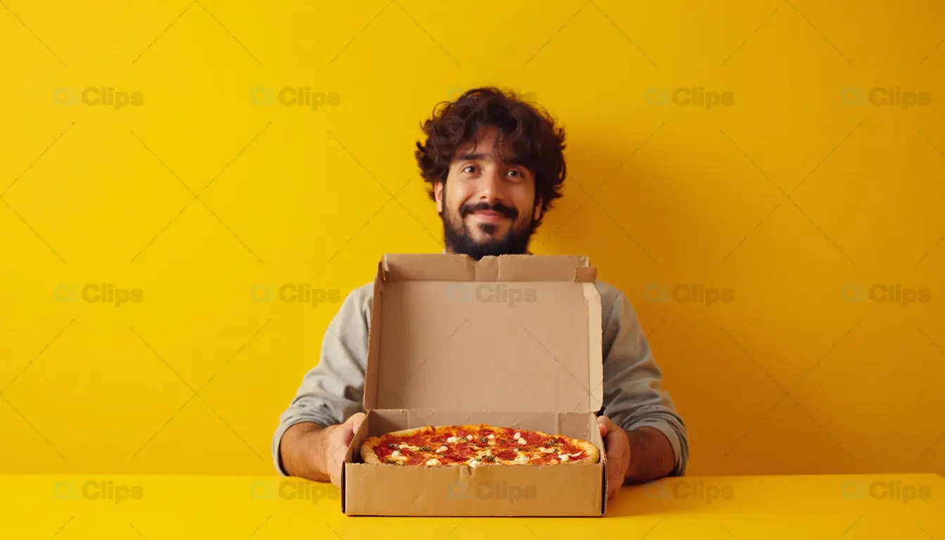 Man Holding Pizza Box on Yellow Background