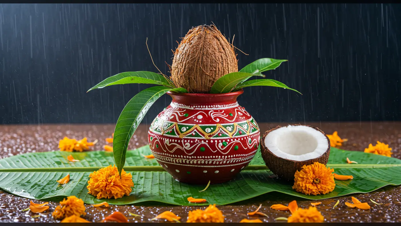 Red Kalash with Coconut and Mango Leaves in Rain | AIClips Monsoon Indian Pooja Decor