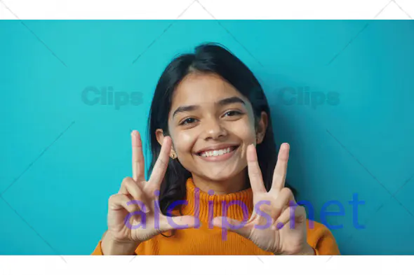 Smiling Girl Showing Hand Gestures on Blue Background