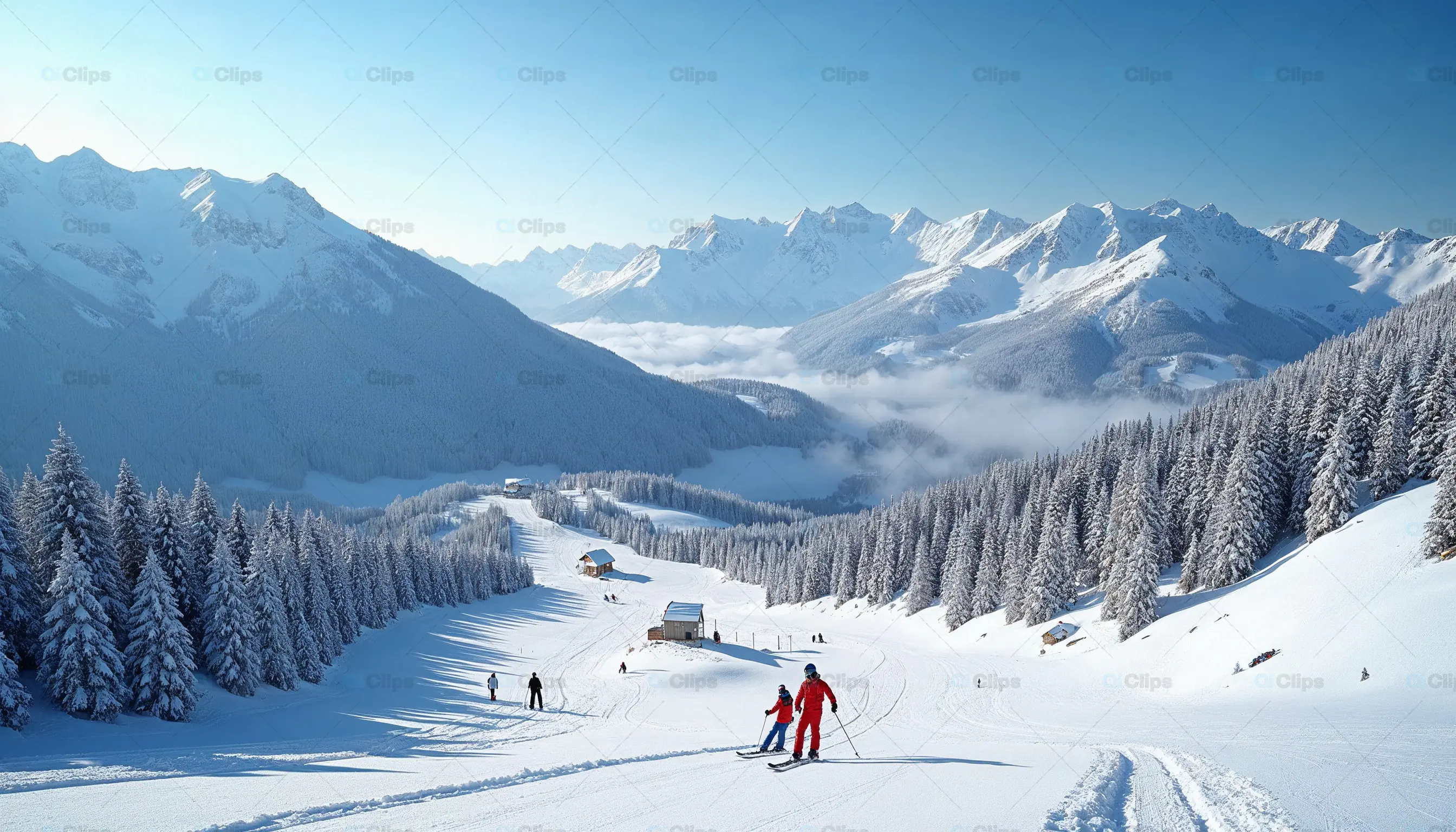 Skiers in Snowy Mountain Landscape