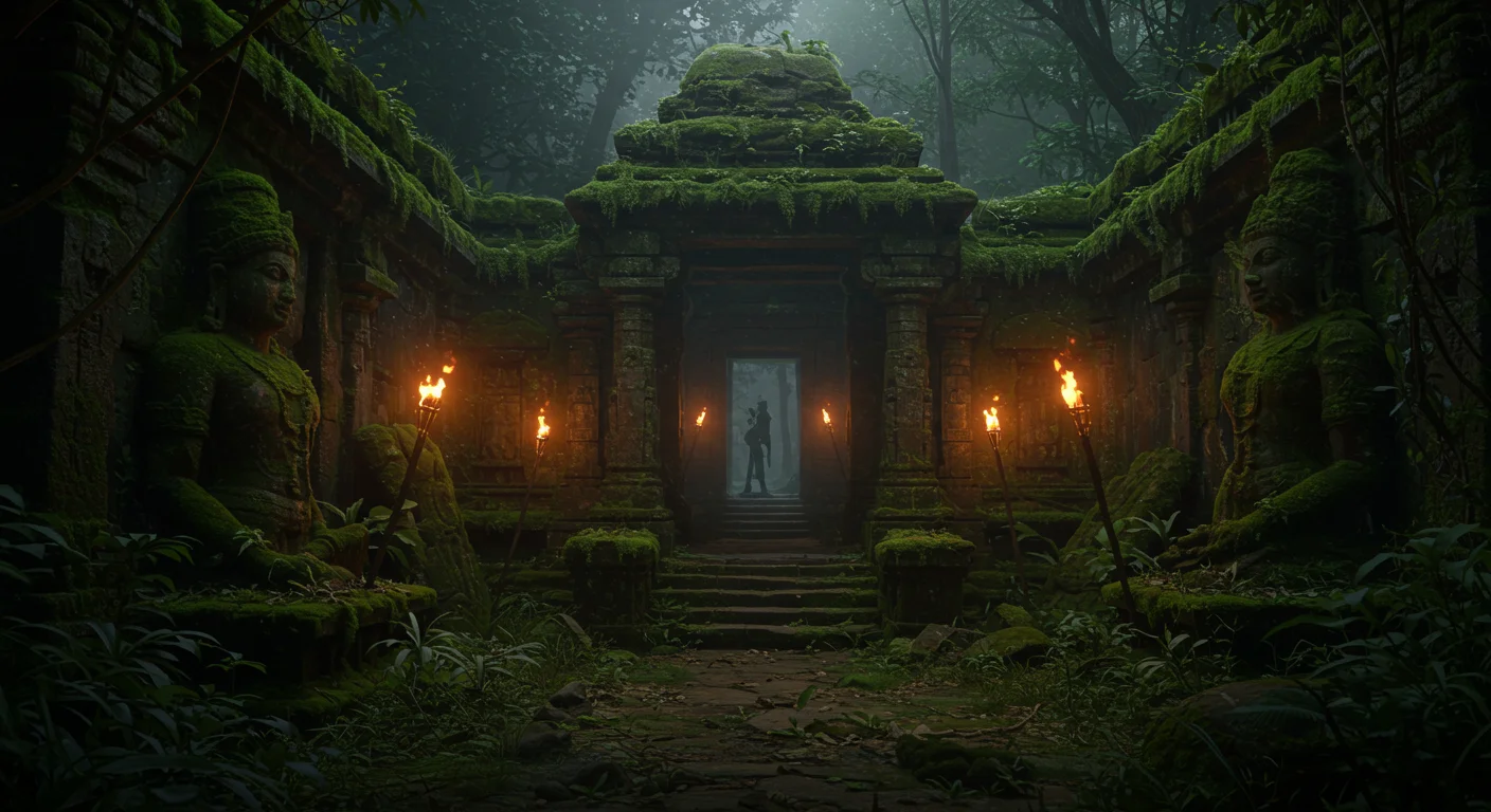 Ancient Jungle Temple with Moss-Covered Statues and Torchlit Path – Mysterious Indian Explorer Scene