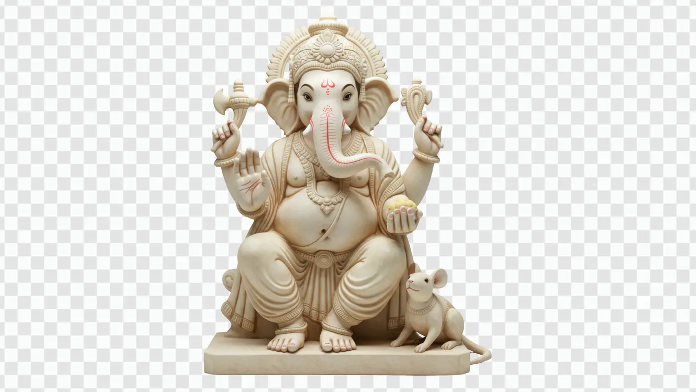 Ivory Ganesha Statue with Devoted Mouse PNG