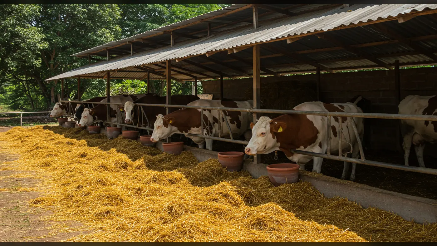 Modern Indian Cow Shed Feeding Scene | Dairy Farm Image by AIClips