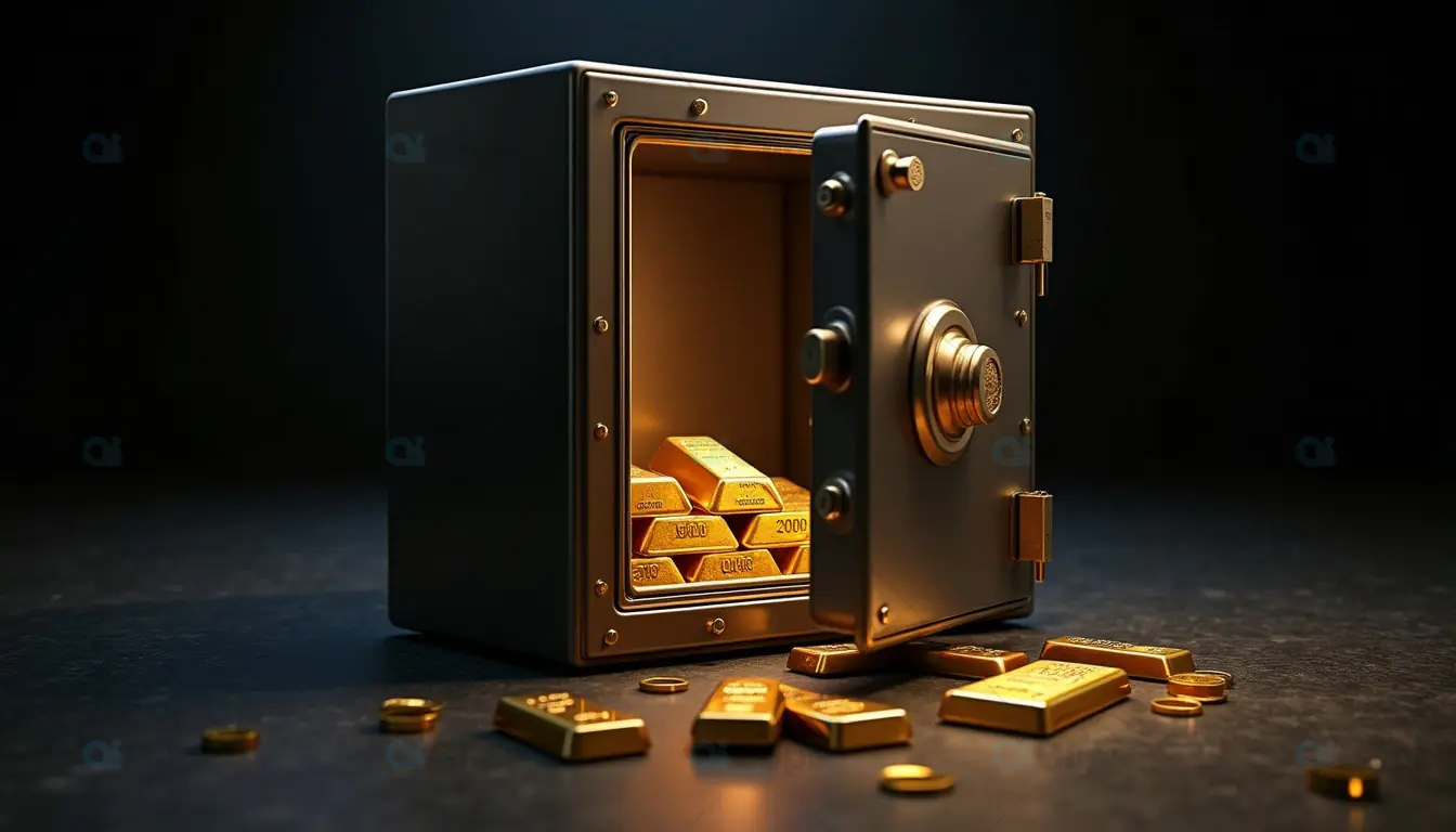 Open Safe with Gold Bars and Coins