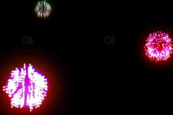 Triple Fireworks Burst in Pink, Green, and Multicolor Against Night Sky