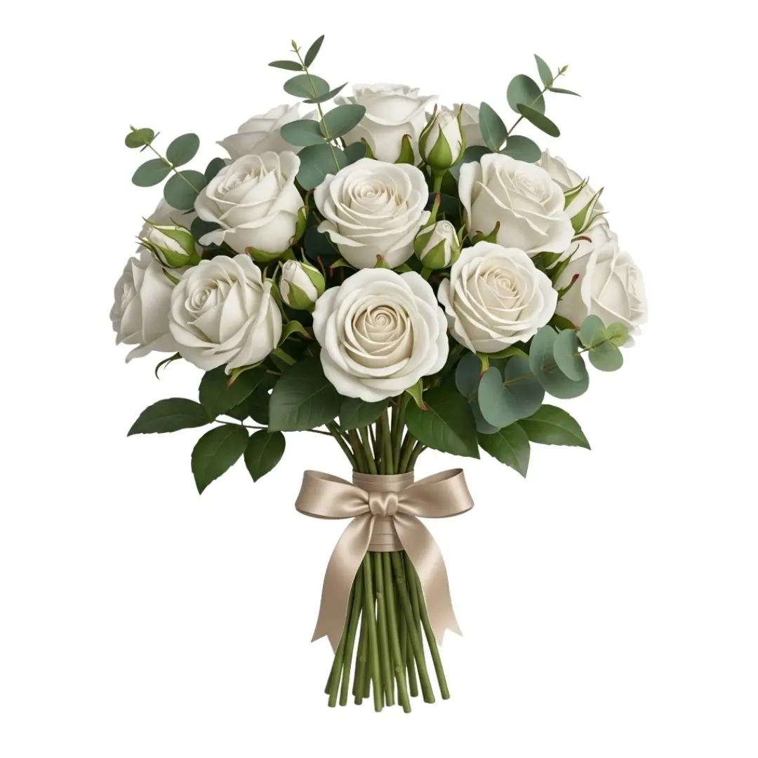 Elegant White Rose Bouquet with Ribbon Bow PNG