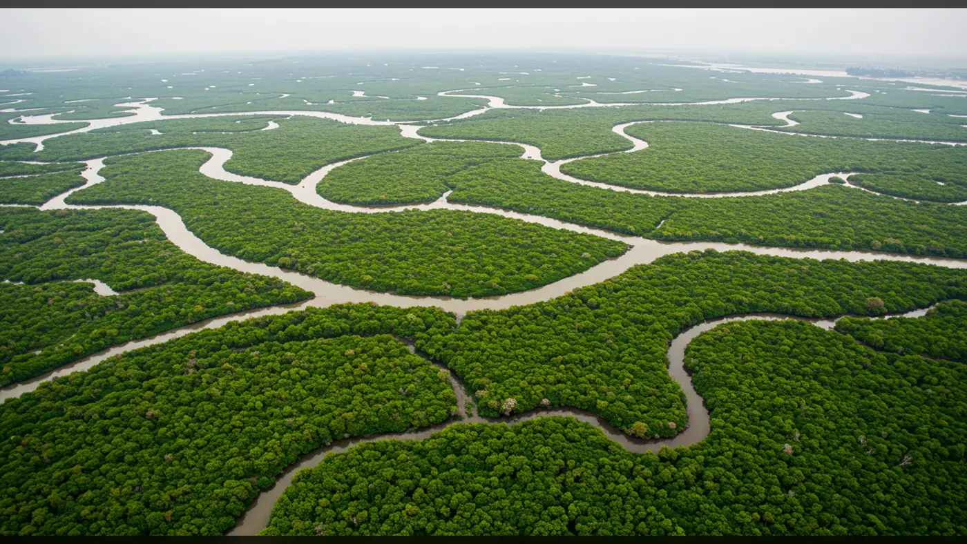 Aerial Shot of Vast Mangrove Wetlands with Serpentine Waterways