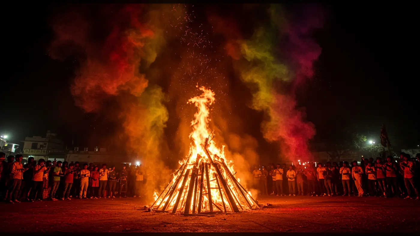 Vibrant Holika Dahan Bonfire Celebration with Colorful Smoke | AIClips Indian Festival Night