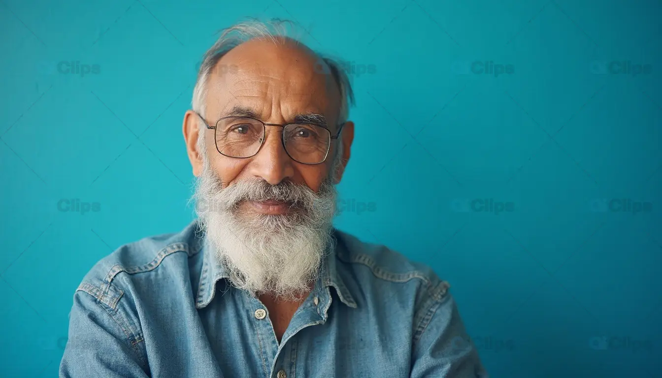 Elderly Man with White Beard in Denim Shirt
