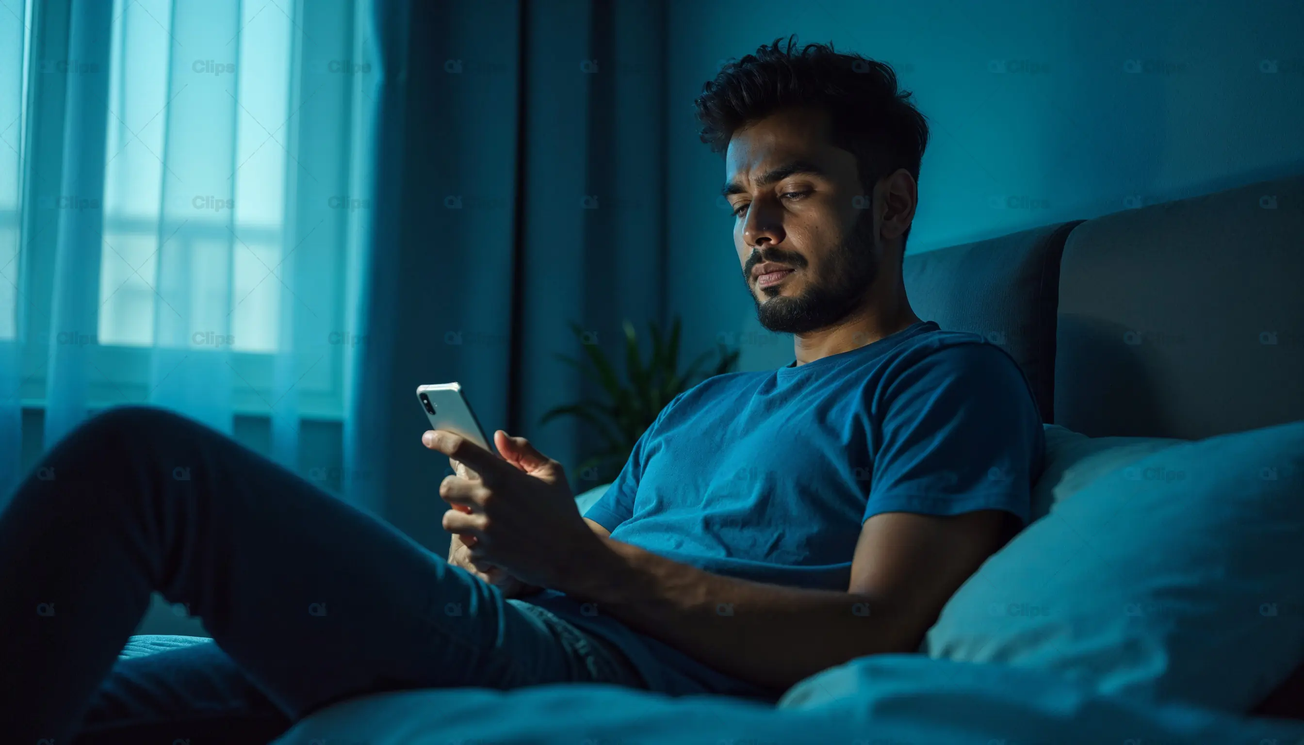 Man Browsing Smartphone in Dimly Lit Bedroom
