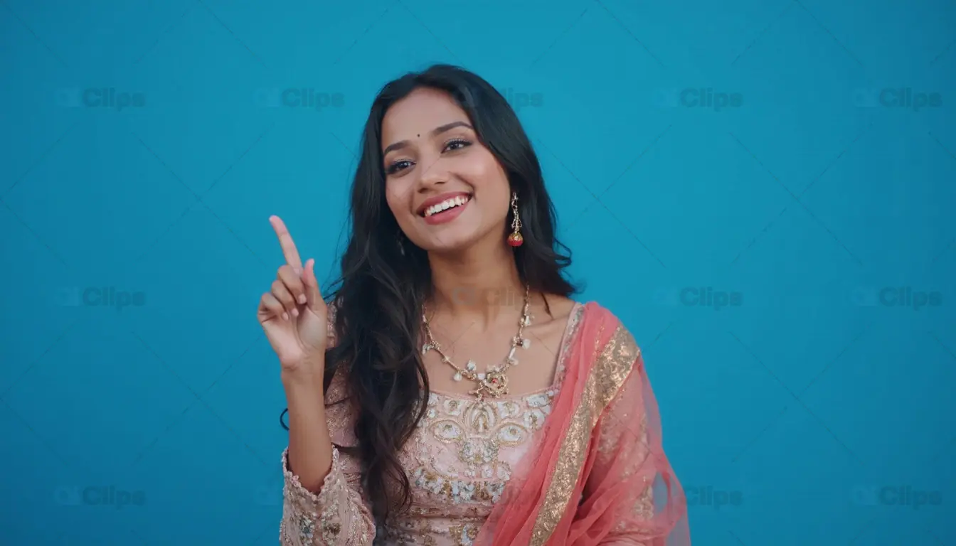 Smiling Woman in Traditional Attire Pointing Up