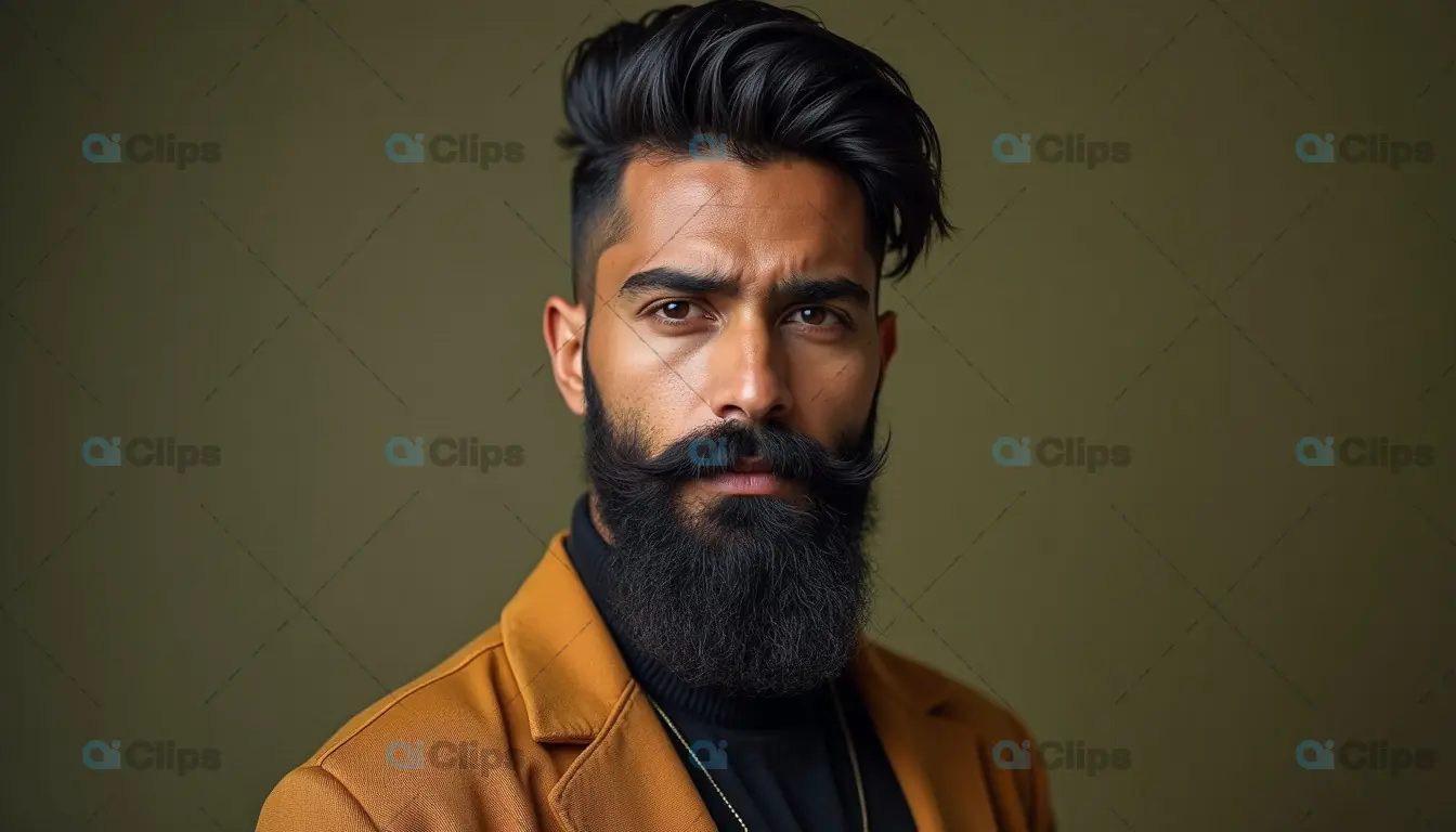 Bearded Man in Brown Jacket with Intense Gaze