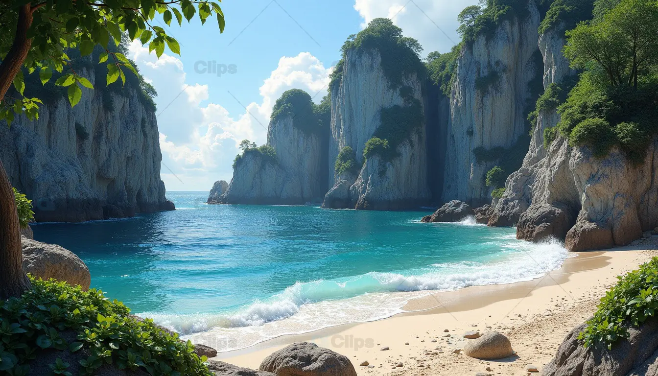 Secluded Tropical Beach with Cliffs and Turquoise Waters